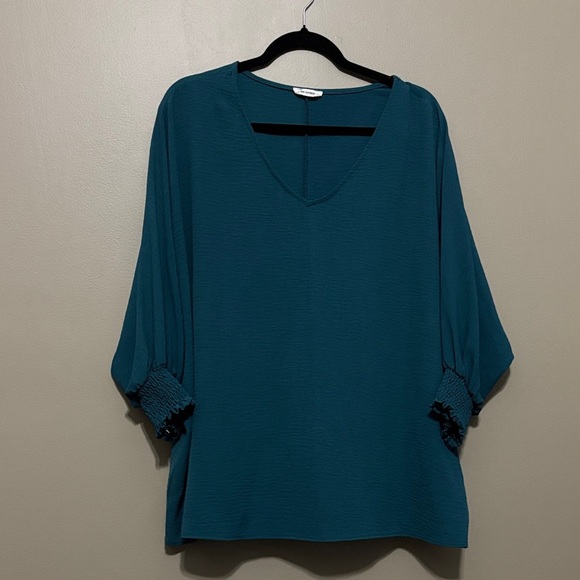 eesome Tops - Eesome Teal V-Neck Blouse with Ruched Sleeves